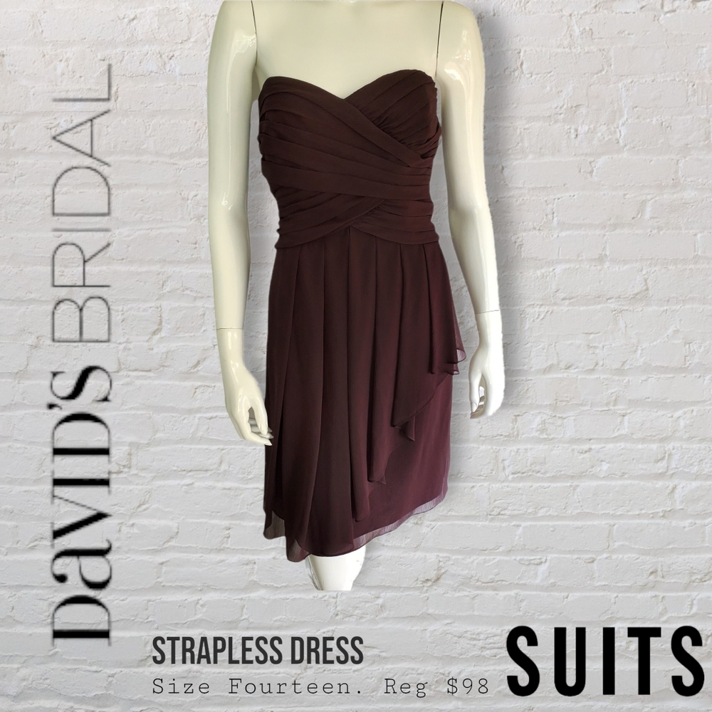 David's Bridal Brown Chiffon Strapless Bridesmaid's Dress Women's Size 14